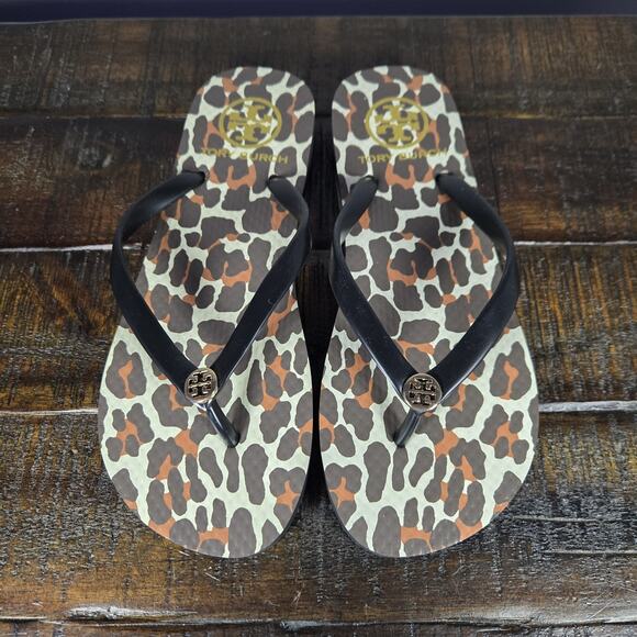 NEW Tory Burch Flat Flip Flops Womens Size 6 Sandals Thong Black Leopard Print - Picture 1 of 10